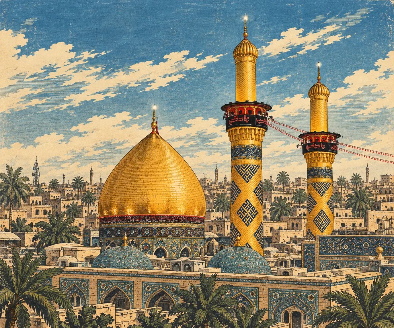 Illustration of the shrine of Imam Husayn in Karbala: a golden dome and two golden minarets above the old city and its palms