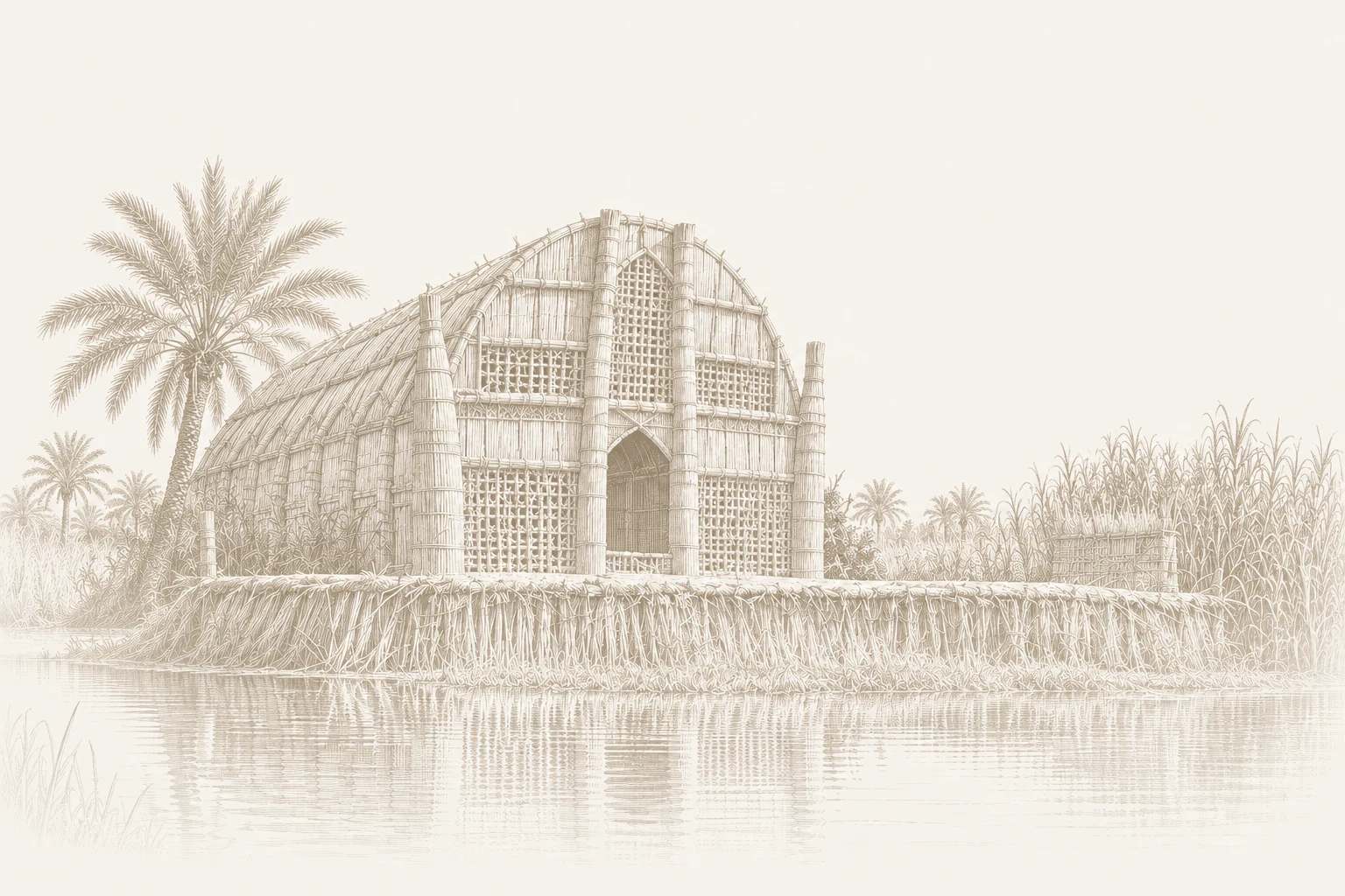 Engraving of a mudhif, the reed guest house of the southern marshes
